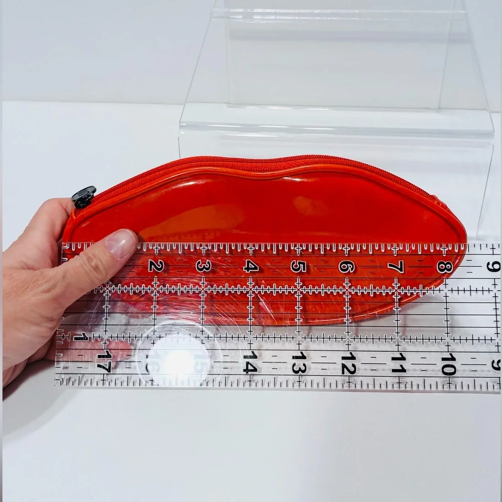 90s Ultima II Revlon Red Patent Lip Shaped Cosmetic Bag Vintage Korea 8.5”x3.5”